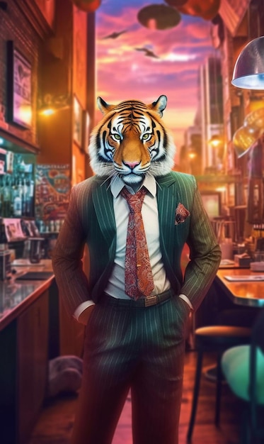 A man in a suit with a tiger mask on his head