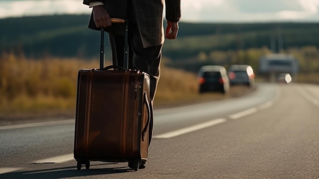 Man in suit with travel bag suitcase travel concept generative ai