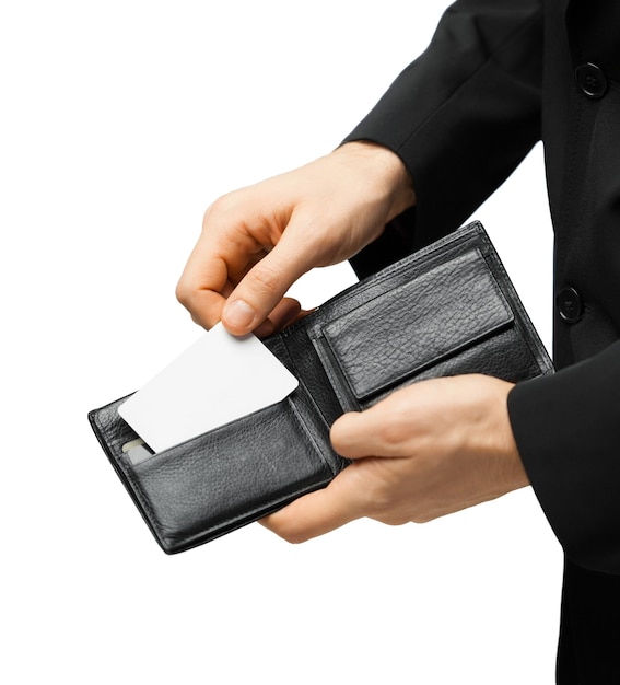 man in suit with wallet and credit card.