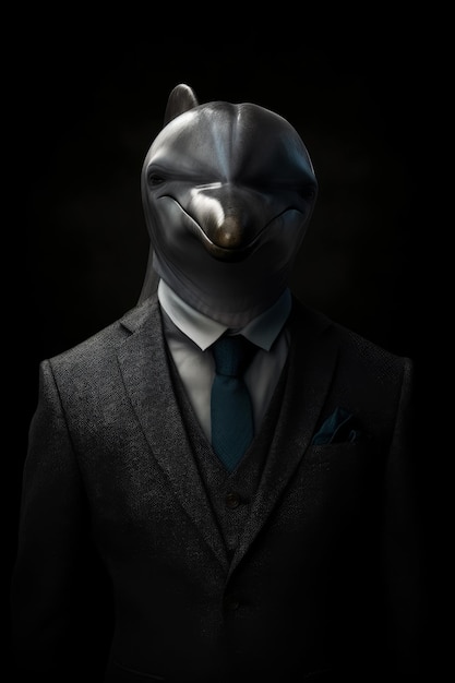 A man in a suit with a whale head on it