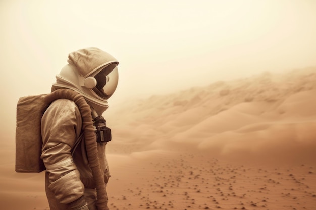 Foto un uomo in giacca e cravatta con un casco bianco e un casco nero si trova nel deserto.