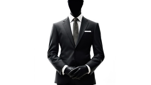 A man in a suit with a white shirt and black gloves stands in front of a white background.