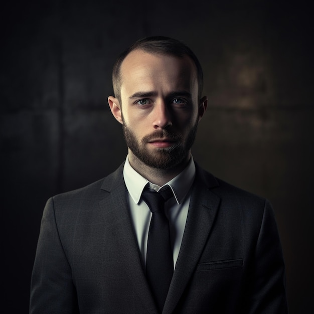 A man in a suit with a white shirt and a black tie.