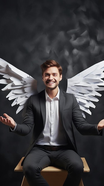 a man in a suit with wings on his head