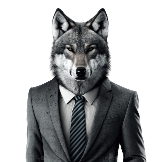 A man in a suit with a wolf head on it.