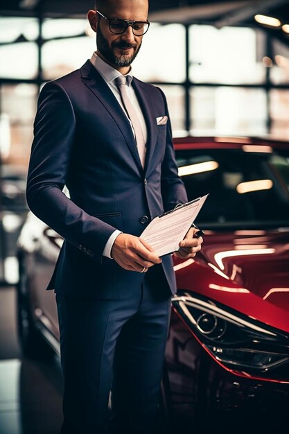 Photo a man in a suit with the word  on the front of a car