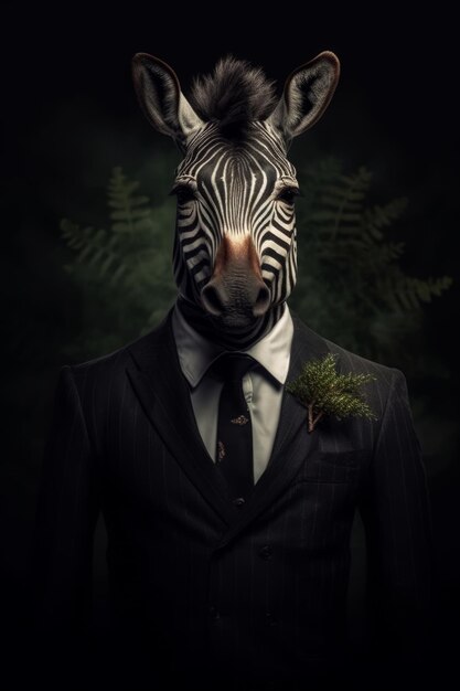 A man in a suit with a zebra mask on his head.