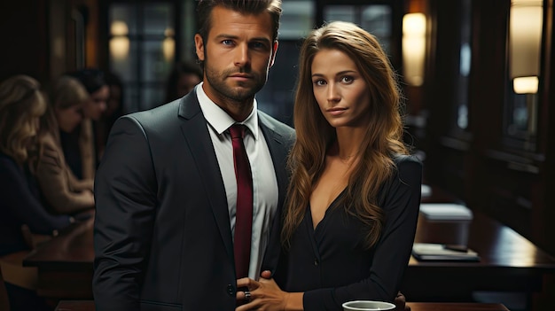 мужчина в костюме и женщина в костюме с напитком перед ним.