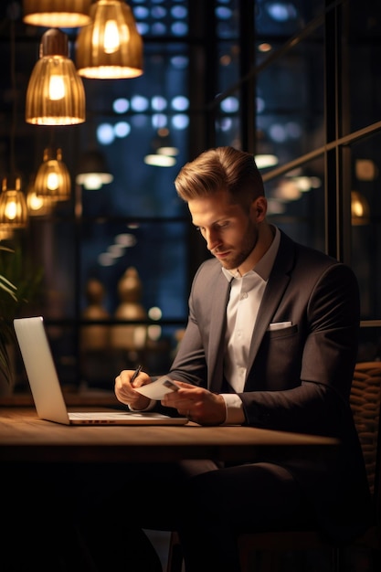 A man in a suit working on his laptop in a cafe