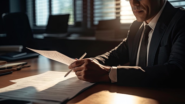 A man in a suit writes a document with a pen.