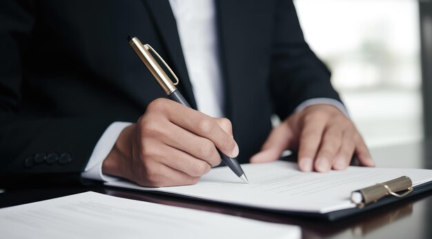 A man in a suit writes in a document with a pen.