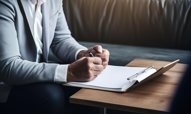 A man in a suit writes on a white sheet of paper