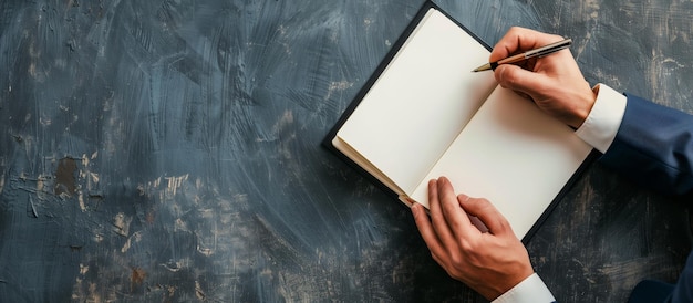 Photo a man in a suit writing on a notebook copy space