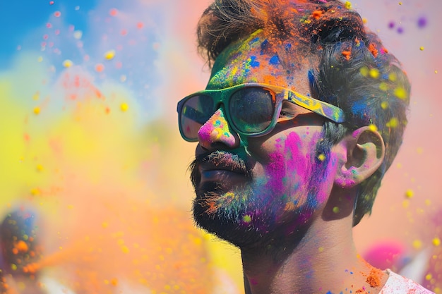 A man in sunglasses is surrounded by colorful paints at the Holi festival in a closeup portrait