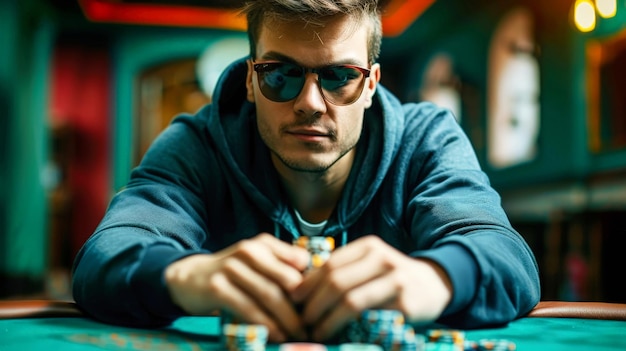 Foto uomo con gli occhiali da sole che gioca a poker