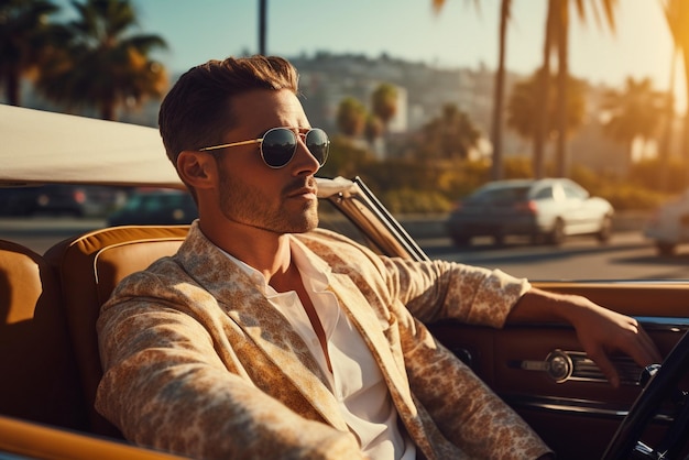 Photo a man in sunglasses sits in a luxury convertible