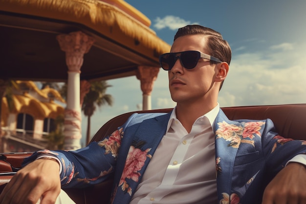 a man in sunglasses sits in a luxury convertible