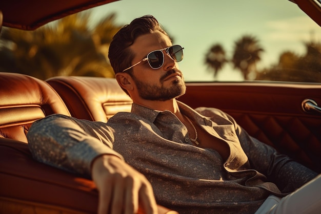 Photo a man in sunglasses sits in a luxury convertible