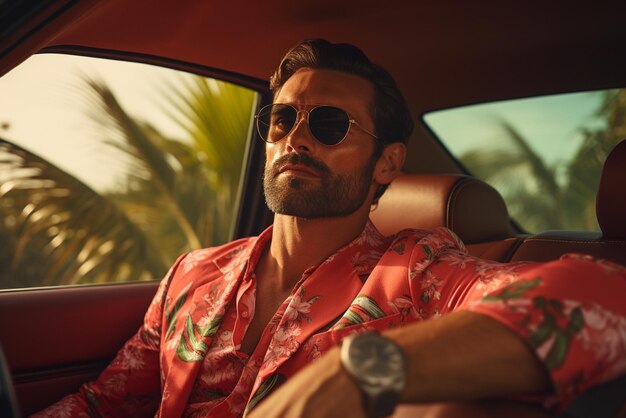 a man in sunglasses sits in a luxury convertible