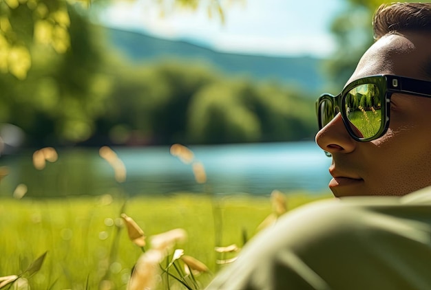 a man in sunglasses sitting on grass with water in background