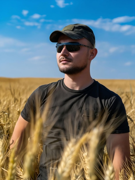 Мужчина в солнцезащитных очках стоит на пшеничном поле.