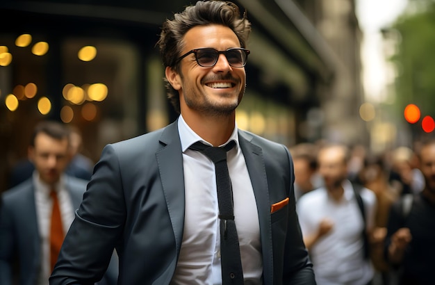 선글라스와 슈트를 입은 남자가 거리를 고 있다.