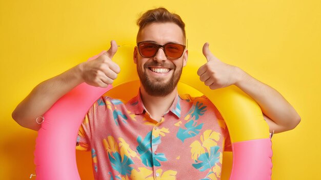 Man in sunglasses with a pink inflatable ring