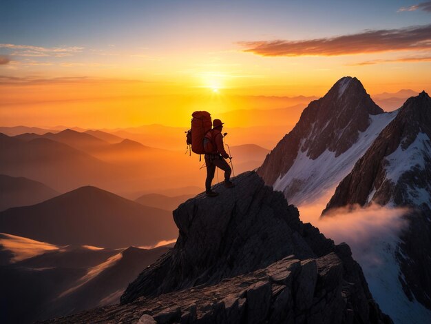 Man and sunset mountain standing scene