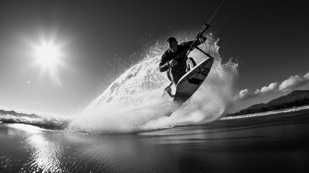 Photo man on a surfboard in the air above the water