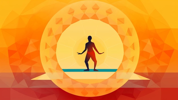 a man on a surfboard in the middle of an orange and yellow background.