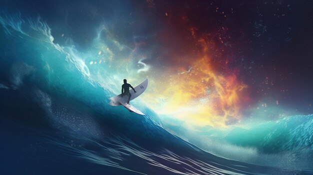 A man on a surfboard rides a wave in the sky.