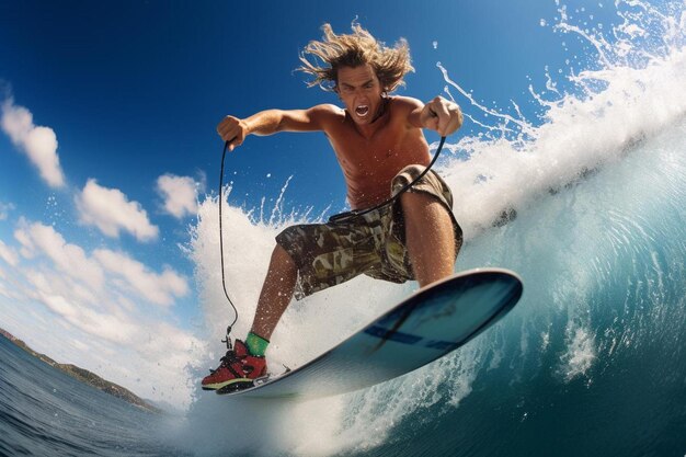 Photo a man on a surfboard with the word  on the bottom