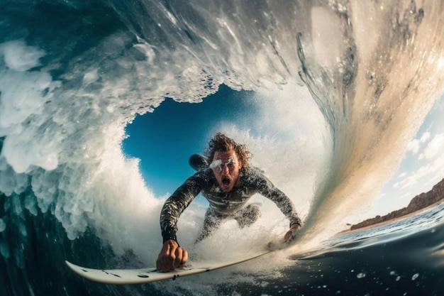 Foto man surfer in het water in beweging, hij wordt overweldigd door emoties extreme sport go pro groothoekopname