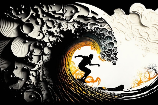 Man Surfing - Dynamic Photo Illustration of an Adventurous Water Sport generated by AI