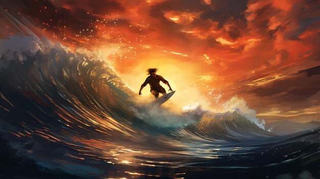 Photo man surfing in the sky illustration painting