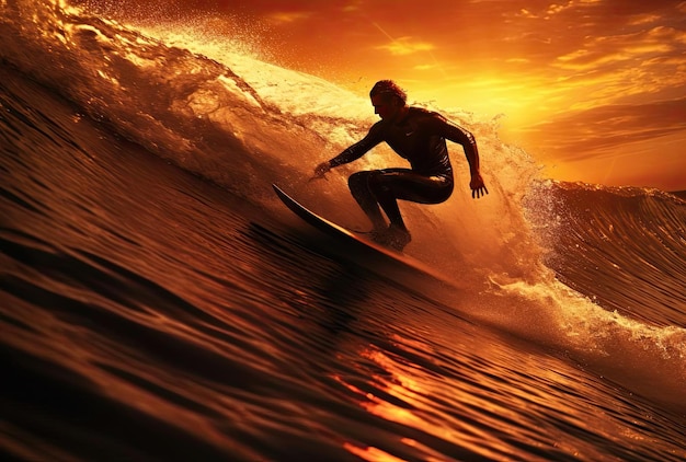 어두운 오렌지색과 밝은 금색의 스타일로 아름다운 일출에 대항하여 일몰에 서핑하는 남자