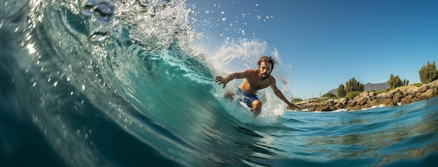 A man surfing on a wave in the ocean