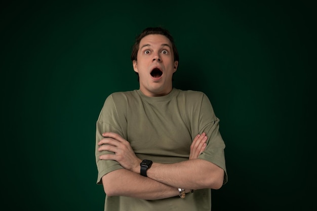 Man surprised in front of green wall