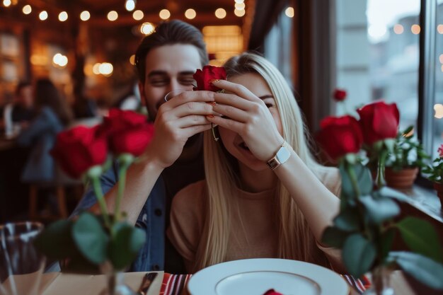 Photo man surprises girlfriend with roses at restaurant