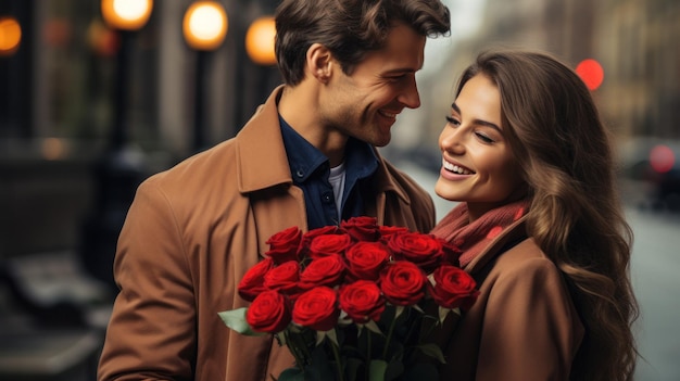 Man surprises woman with a bouquet of red roses