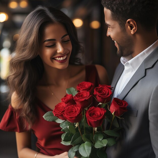 Man surprises woman with a bouquet of red roses