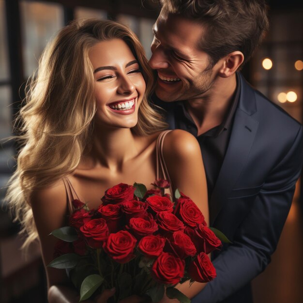 Man surprises woman with a bouquet of red roses