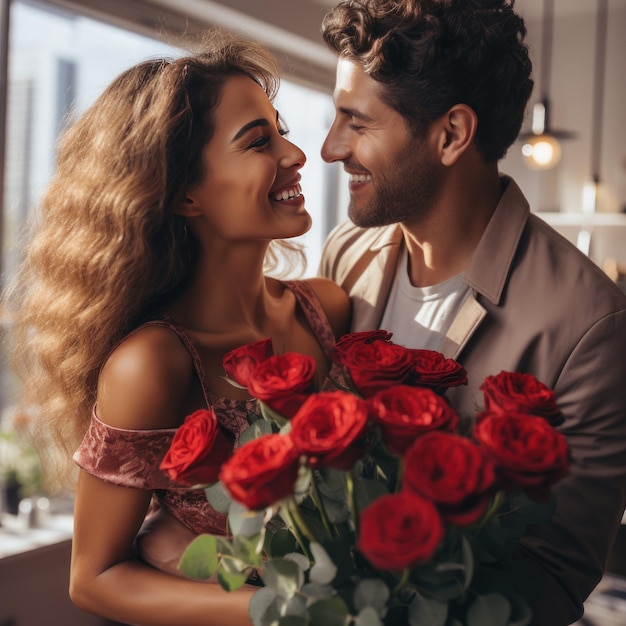 Man surprises woman with a bouquet of red roses