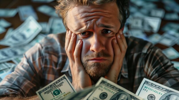 Photo a man surrounded by dollar bills emotions on his face generated by artificial intelligence