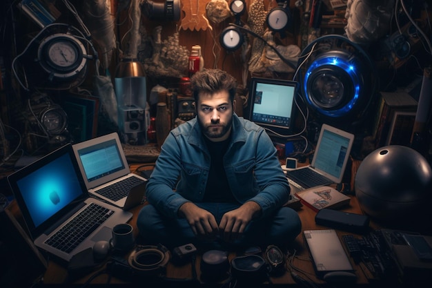 Man surrounded by various tech devices