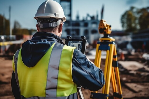 Photo man surveyor in the construction helmet makes measurements using surveying equipment