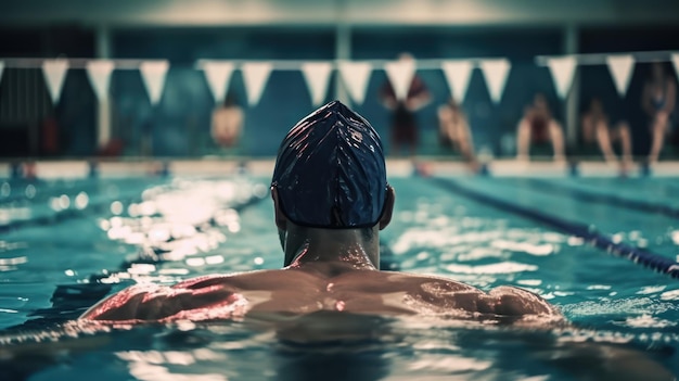 Man in swimming cap sports swimming in the pool back view generative ai