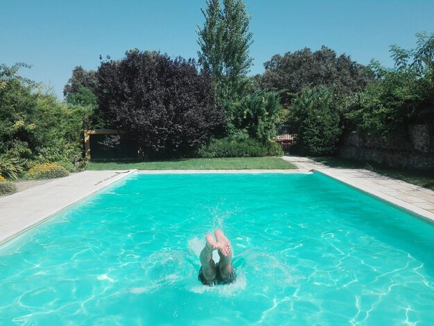 Foto uomo che nuota in piscina contro gli alberi.