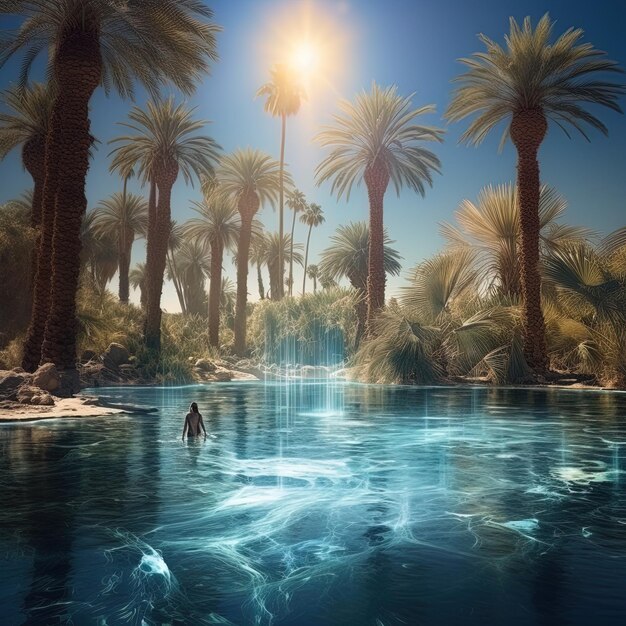 Photo a man in a swimming pool with palm trees in the background