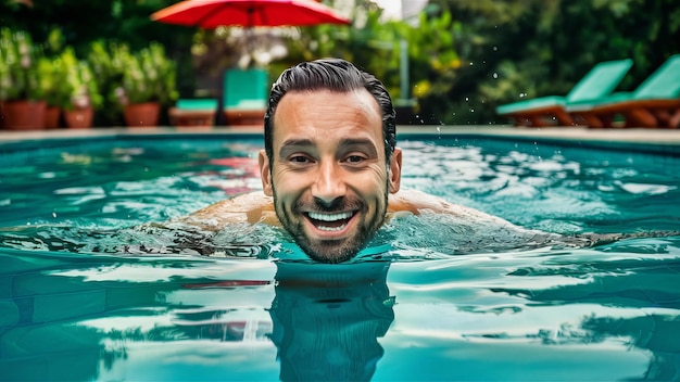 a man swimming in a pool with a red umbrella